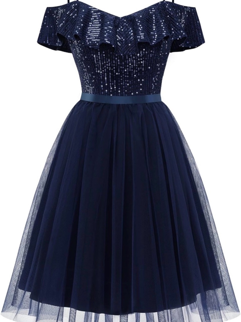 Girls Navy Sequin Off-Shoulder Tulle Party Dress